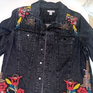 Miami Embroidered Black Floral Denim Jean Jacket Coat Grunge Boho Modern Women S